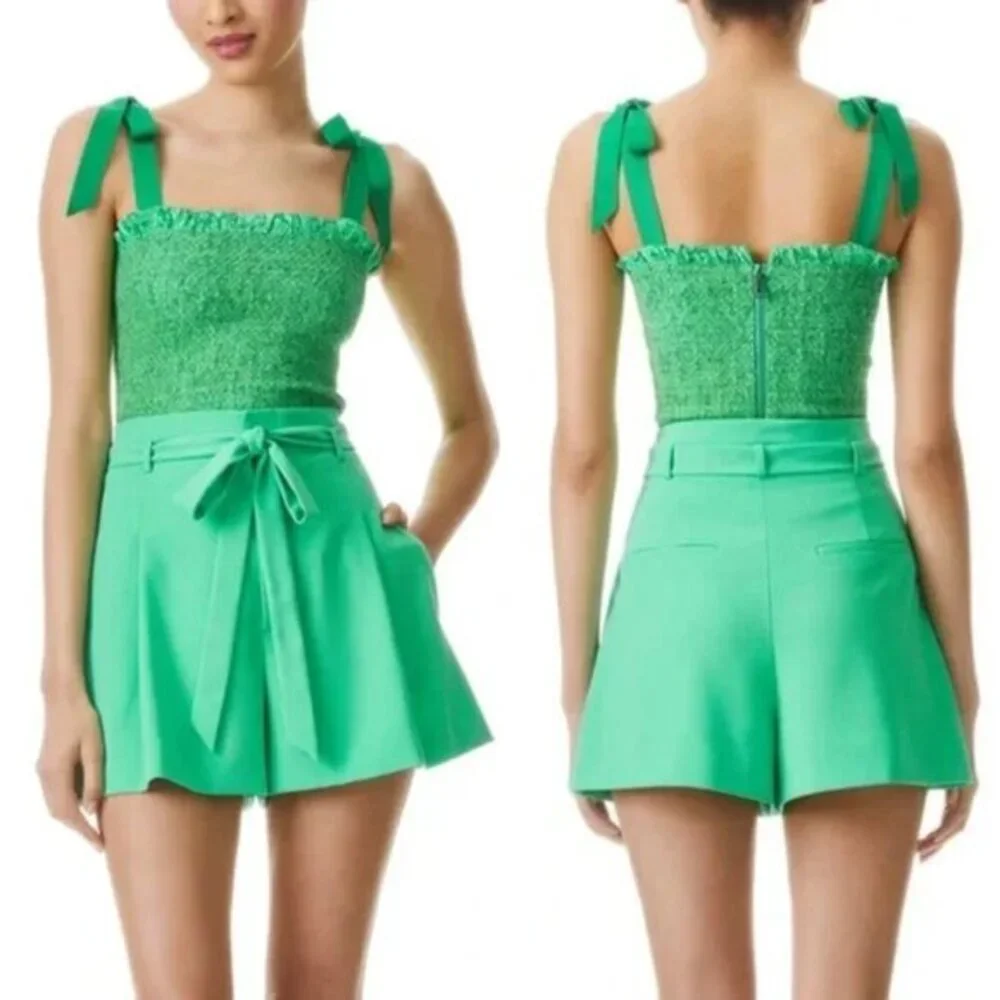 Alice + Olivia Steffie Seamed High Waist Paperbag Short 10 Jade Green